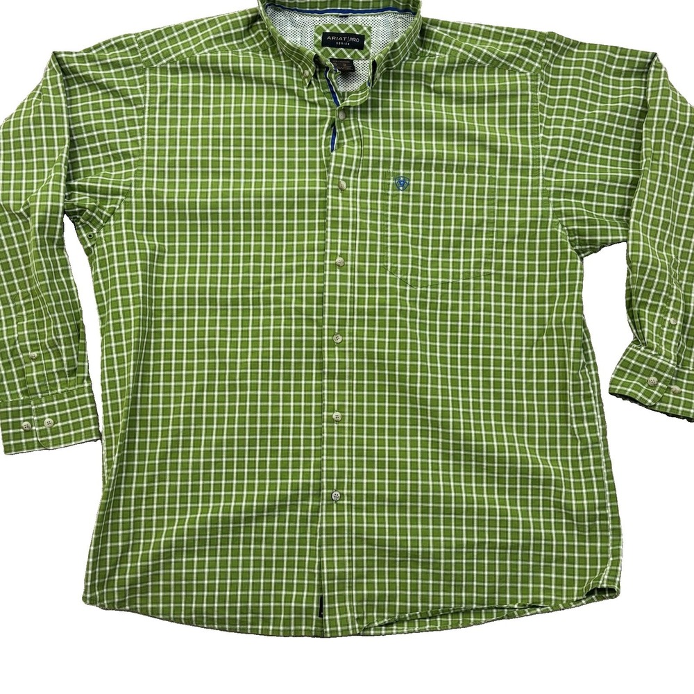Ariat Pro Series Mens XL Plaid Button Down Shirt  Green Blue Long Sleeve